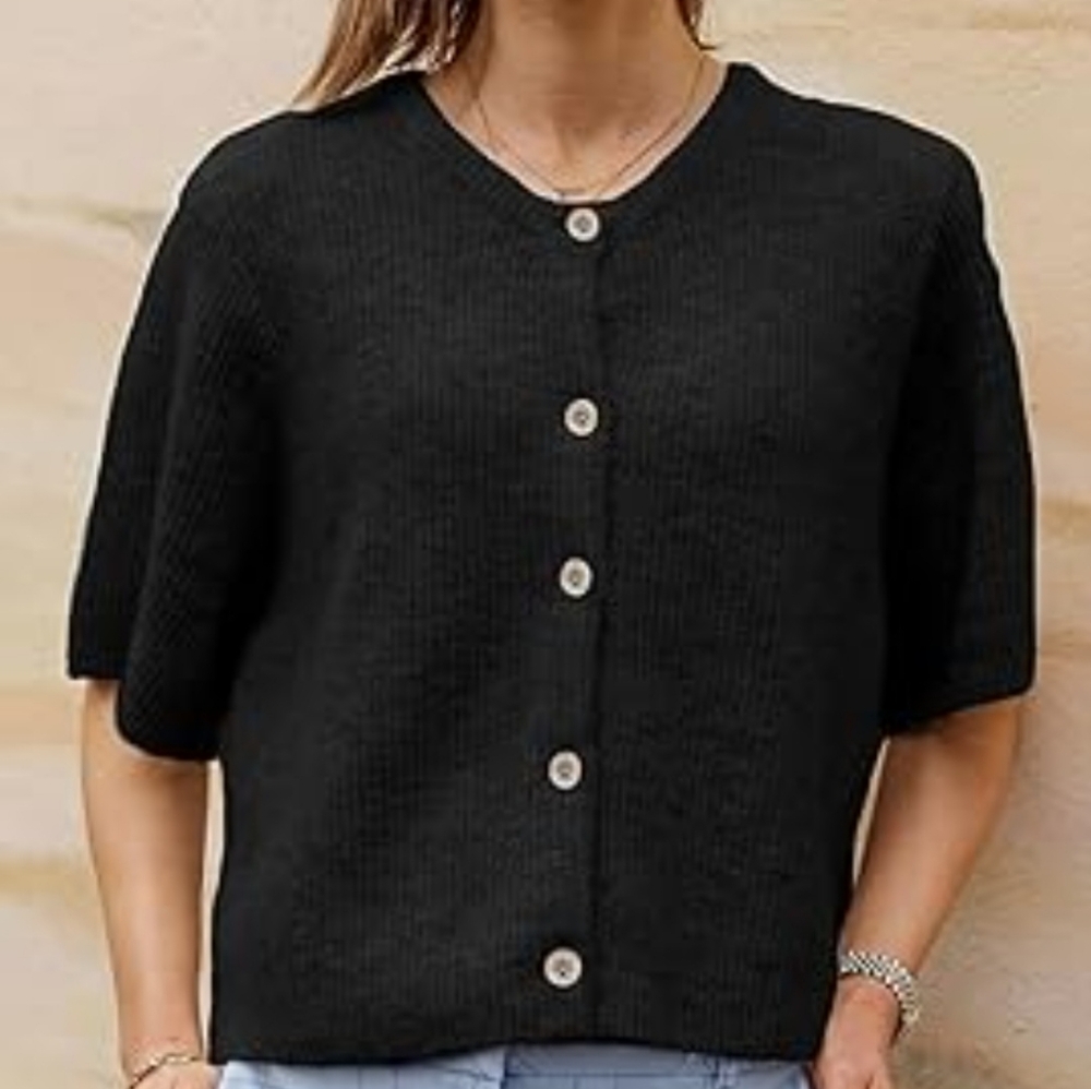 Scusty Women's Black Button-Up Sweater Cardigan 3/4 sleeve size Large NWT